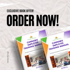 Principles and Standards of Cannabis Care" book cover: A visually striking paperback book featuring vibrant full-color illustrations. The title and subtitle are prominently displayed, surrounded by cannabis leaves and a group class, emphasizing its comprehensive guide to success in the cannabis industry.