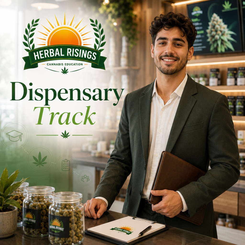 A modern magazine style blog graphic with a confident dispensary job applicant, cannabis education visuals, clean retail counter details, and the Herbal Risings logo.